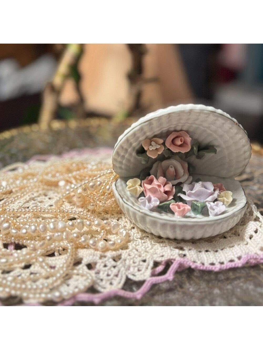 🌸 Vintage Romantic Porcelain Open Shell Ornament • Floral Cottagecore Decor 🌸